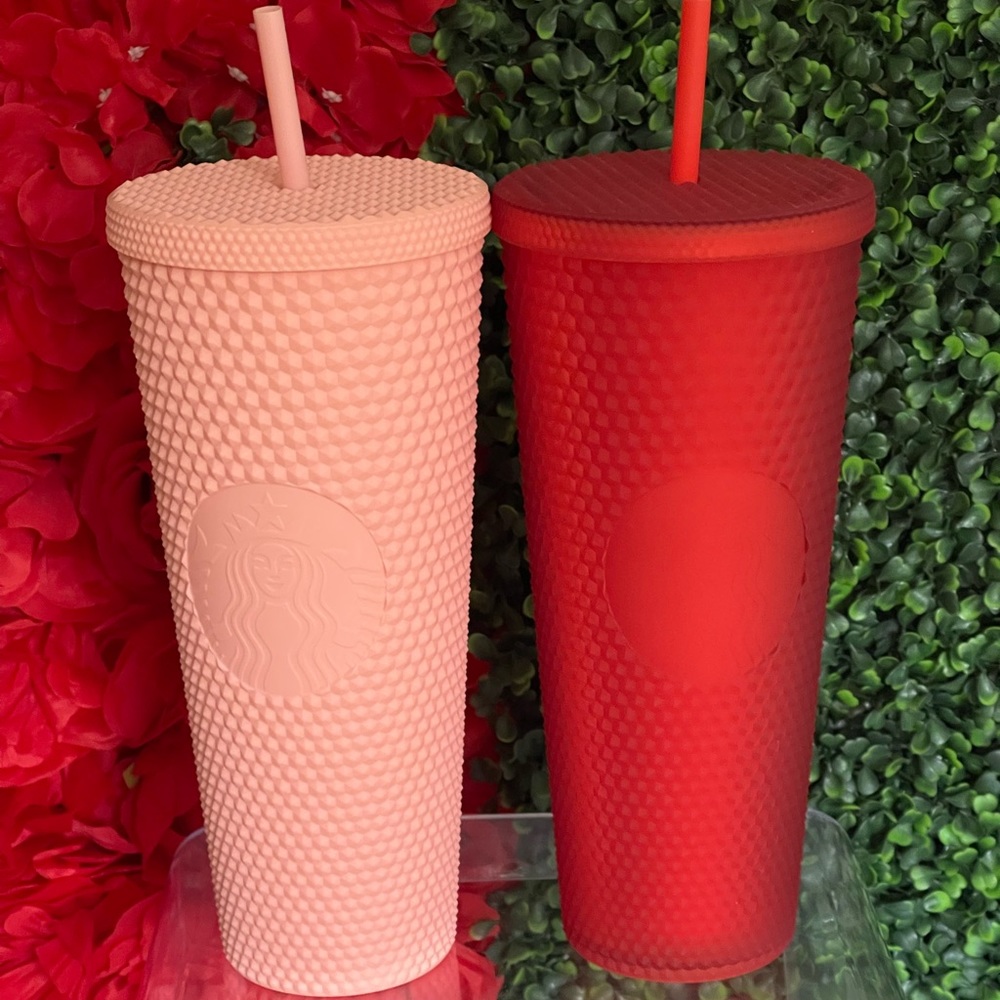 ❣️💗NWT SET Starbucks Matte Pink & Red Studded Venti Tumblers & 2 Extra straws